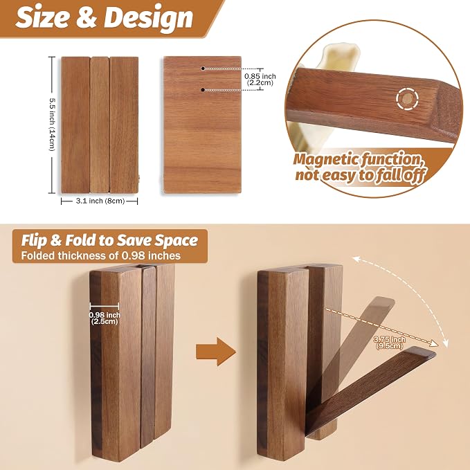 Foldable Wall Hooks 4Pack: Rustic Wooden Coat Hooks Mounted for Heavy Duty Hanging Towels Backpack Bags Hats, Space Saving Minimalist Decorative Hooks for Aesthetic Homeowners