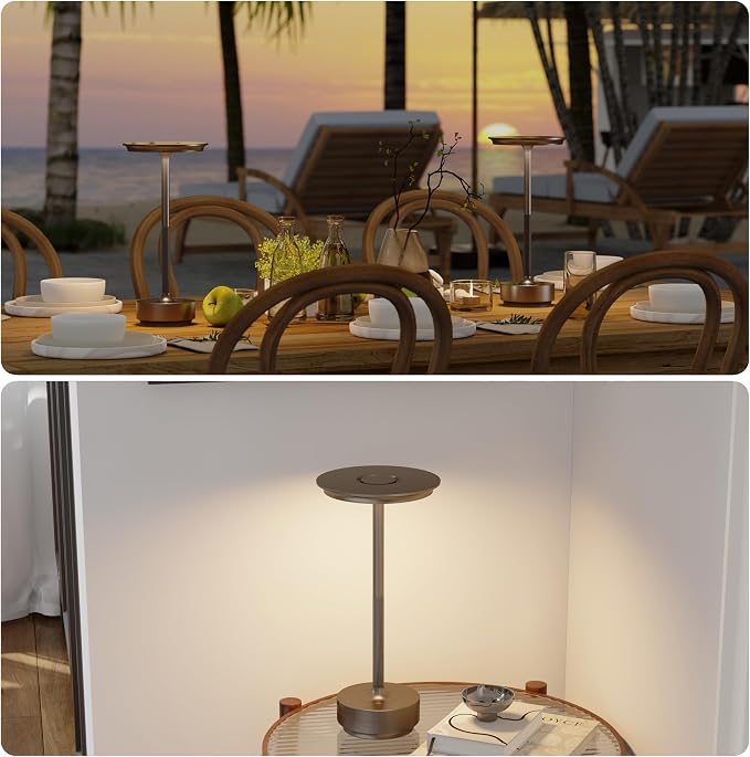 TBBGA 2 Pack Rechargeable Cordless Table Lamps, Portable 5000mAh Battery Table Light, 3 Color Stepless Dimming LED Table Light with Memory Function, for Outdoor/Dinner/Patio/Restaurant.(Light Cafe)