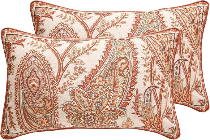 ISAENNE Vintage Linen Throw Pillow Cover,Set of 2,20"x12"-Chauffrey A | Designer Elegant Rectangle Pillow Cover,Concealed Zipper Design,Cashew Pattern,Sofa,Bedroom,Living Room,Lounge Chairs