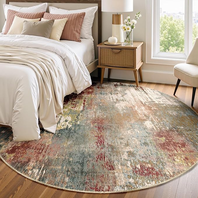 RELEANY Washable Area Rugs 6ft Non-Slip Modern Abstract Soft for Living Room Entryway Bedroom Nursery, Print Pattern, Brown Rust Red Green Blue Multi