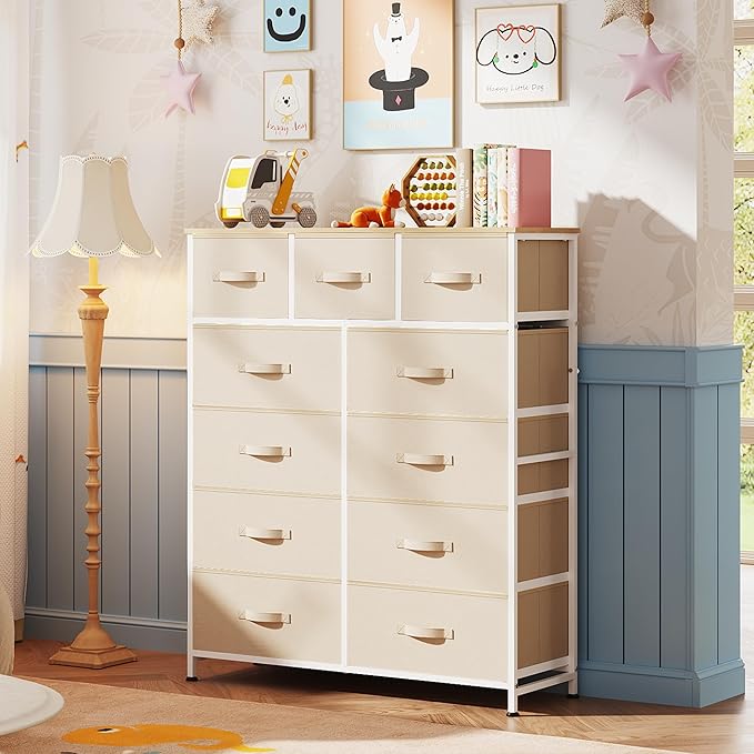 WLIVE Storage Organizer Unit with 11 Fabric Bins, Storage Drawers Organizer with Steel Frame, Tall Storage Tower Organizaton for Living Room, Hallway, Office, Cream White