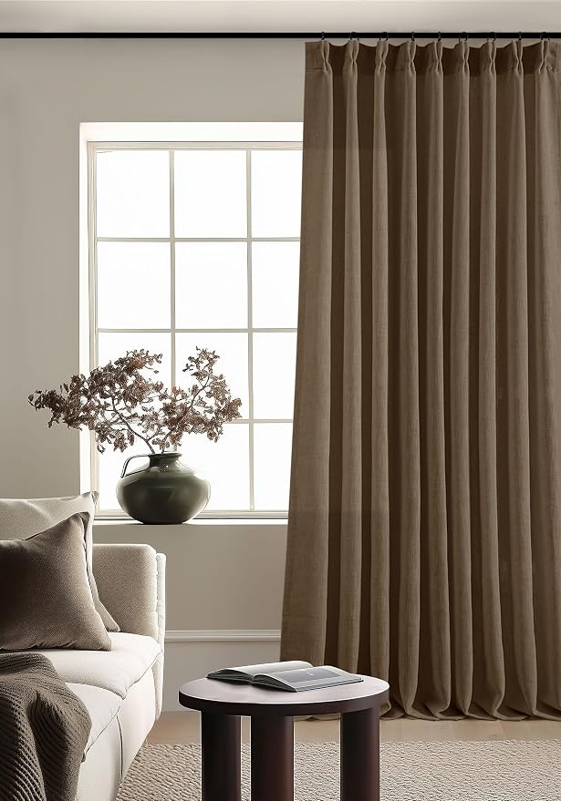 Dutch Cocoa Pinch Pleated Linen Curtains 120 Inches Long 60 Width Linen Blend Light Filtering Window Curtains 120 Inch for Living Room Bedroom Patio Pinch Pleat Drapes Hooks Rings 1 Panel 60Wx120L