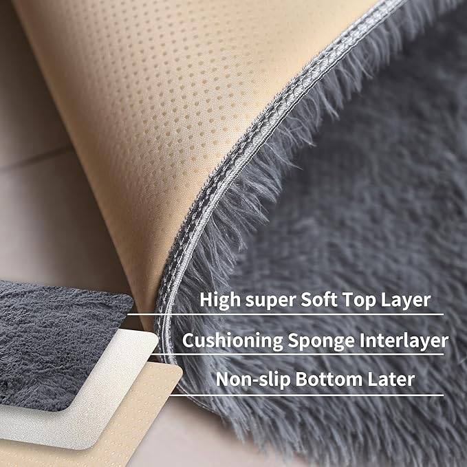 KICHOWUA 5x8 Grey Fluffy Fuzzy Area Rug for Bedroom, Soft Plush Washable Shag Carpet for Living Room,Gray Comfy Floor Non Slip Furry Shaggy Rugs for Kids Baby Boys Girls Nursery Teens College Dorm