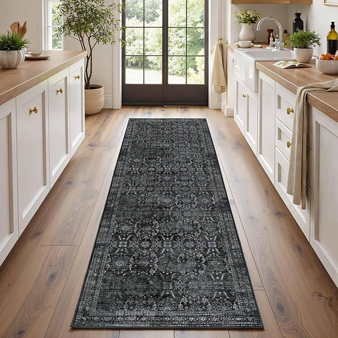 Rugxara 2x6 Runner Rug, Washable Kitchen Rugs, Black Boho Vintage Floral Hallway Runner, Non Slip Low Pile Area Rug Carpet for Indoor Hallway, Kitchen, Laundry Room and Bathroom(Black 2x6ft)