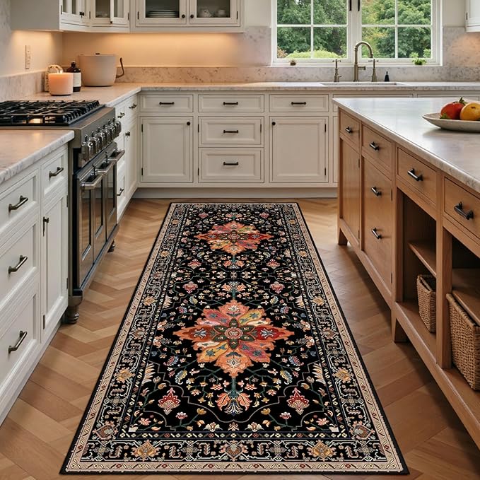 RELEANY Area Rugs 3'x6' Runner Rug Non Slip Washable for Kitchen Hallway Bedroom Beside Laundry Room Bathroom Rug, Floor Carpet, Black Colorful Floral Dark Tan