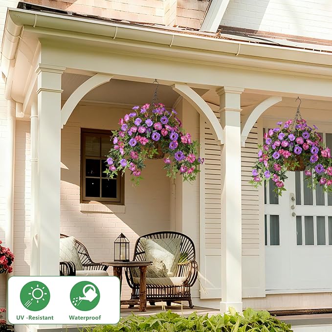 Artificial Fake Flowers Hanging Plants for Outdoor Spring Summer Decoration, 2Pcs Faux Petunias Realistic Silk Flower UV Resistant No Fade for Home Outside Garden Balcony Yard Porch (Purple Fuchsia)