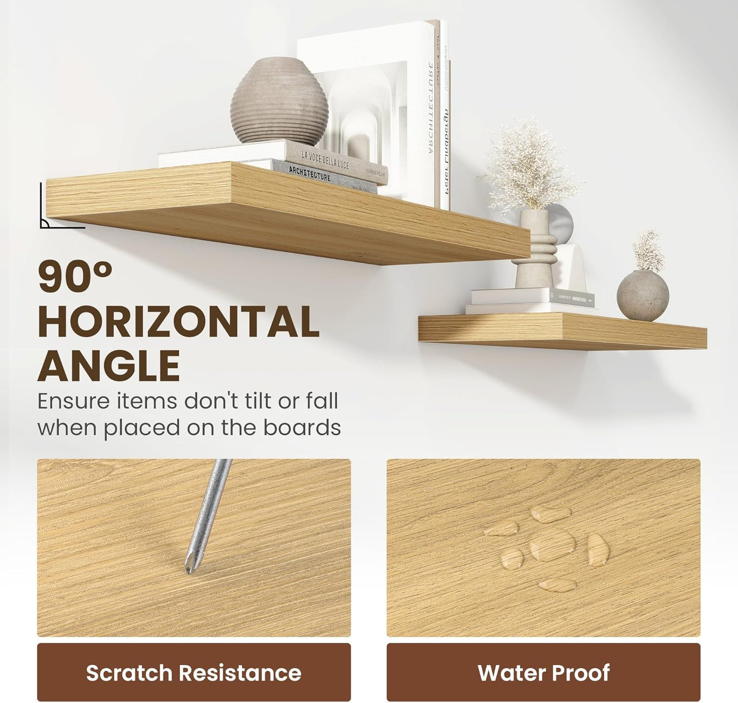 24 Inch Floating Shelves, 12 Inch Deep Floating Shelves for Wall, Floating Shelf with Invisible Brackets, Deep Shelves for Bathroom, Bedroom, Living Room, 2 Pack, Natural