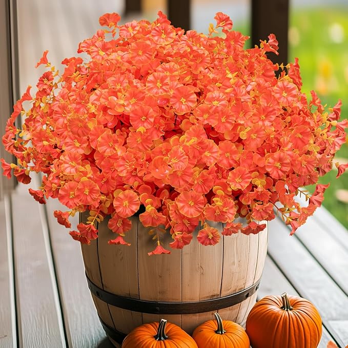 Nigirior Artificial Faux Flowers for Outdoor 16 Bundles Boxwood Fake Morning Glory for Planter,UV Resistant Fake Flowers for Home Porch Patio Outside (Fall Red)