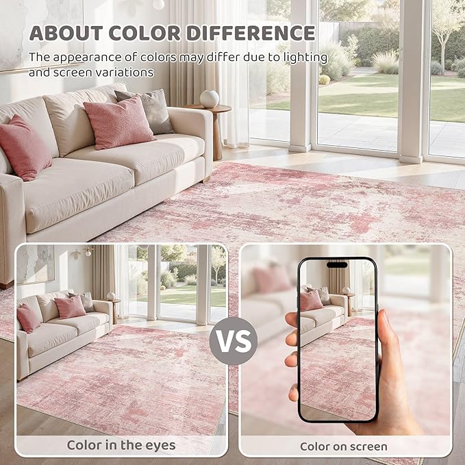 UERMEI 5x7 Area Rug Living Room Rugs - Washable Neutral Modern Abstract Soft Thin Large Rug Indoor Floor No Slip Rug Carpet for Bedroom Under Dining Table Home Office Decor - Pink