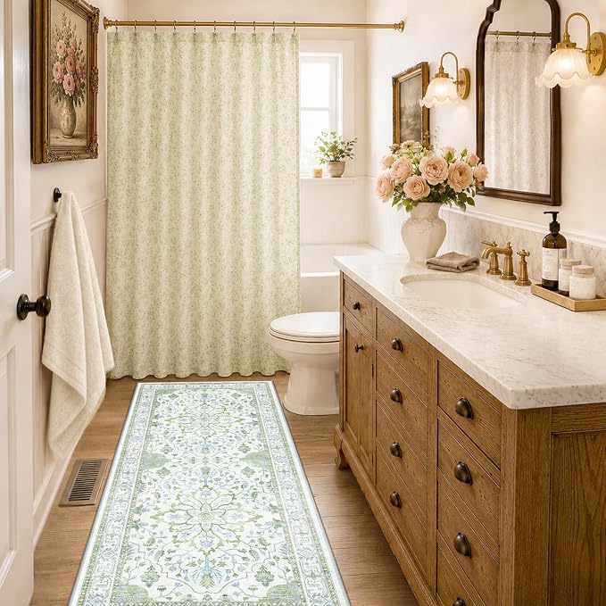 RELEANY Area Rugs Runner 2'x6' Washable Non-Slip, Floral Vintage Distress Medallion Carpet for Kitchen Hallway Bedroom Beside Laundry Room Bathroom, Green White Blue