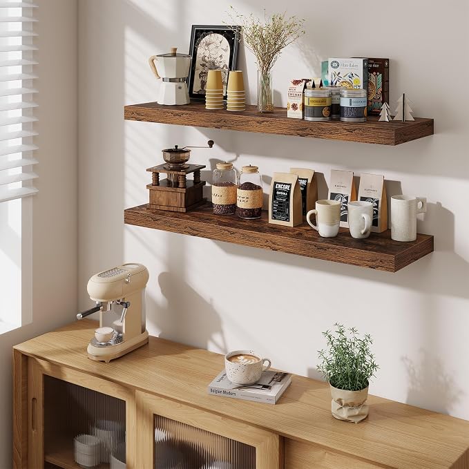 Fun Memories Floating Shelves Set of 3, 40 Inch Long Wooden Wall Shelves, 10 Inch Deep Wall Mounted Storage Shelf with Metal Brackets for Living Room, Bathroom, Bedroom and Kitchen, Rustic Brown