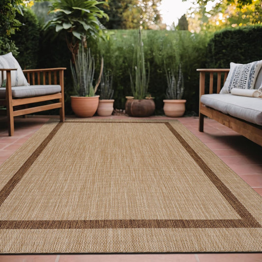 Bordered Outdoor Rug 10x14 Washable Outside Carpet for Indoor Patio Porch Waterproof Easy Cleaning Non Shedding Area Rugs Jute Beige - Nut Brown 10 x 14