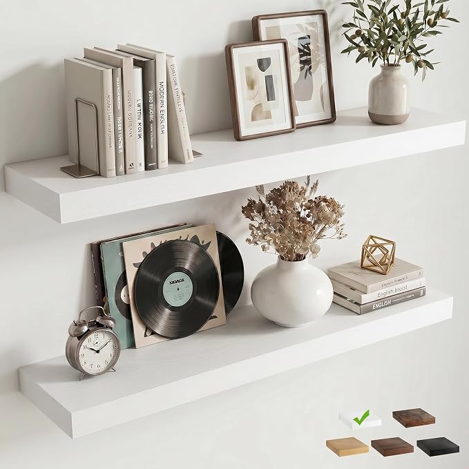 36 Inch Floating Shelves for Wall, 8"D Wood Storage Shelves, White Finish | Engineered Wood, Invisible Bracket, Large Storage, Easy Install, Hold Up to 55lbs, Living Room, Bathroom, Bedroom, Kitchen