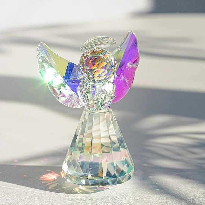 HDCRYSTALGIFTS Colorful Crystal Guardian Angel Figurine Gifts for Women 3.4'' Glass Angel Statues for Valentine's Day Wedding Home Table Decoration Collectible