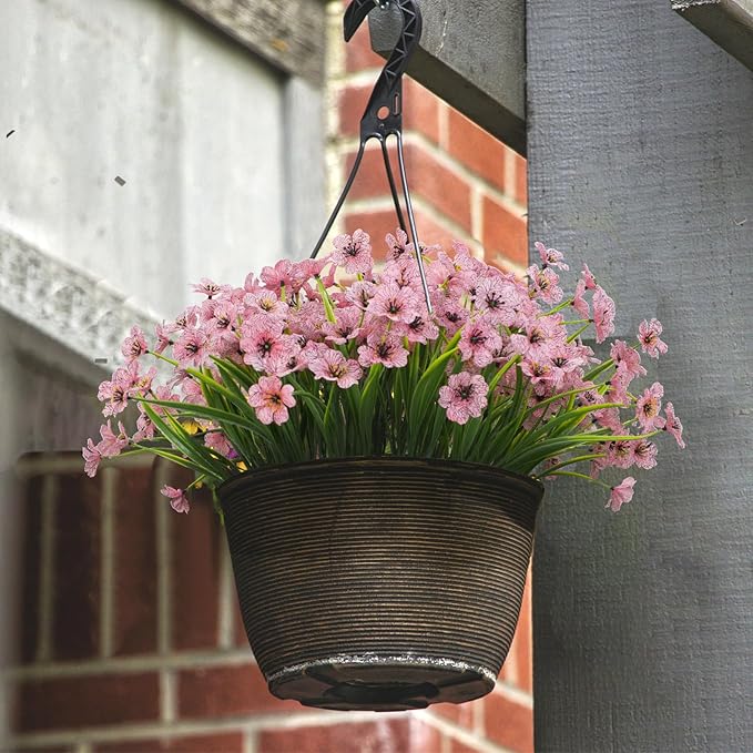 LikSoor 21 Bundles Artificial Outdoor UV Resistant Flowers No Fade Fake Outside Flowers Plastic Greenery Faux Shrubs Garden Porch Window Box Home Decoration(Pink)
