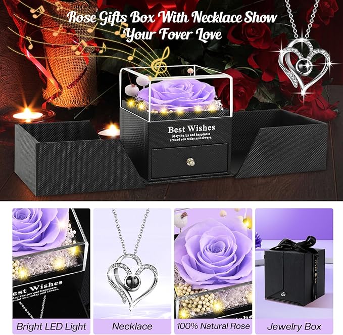 Pasuvsigt Mothers Day Mom Birthday Gifts for Women, Preserved Real Rose with I Love You Heart 100-Language Necklace, LED Lights & Music Box, Anniversary for Women Girlfriend Mom