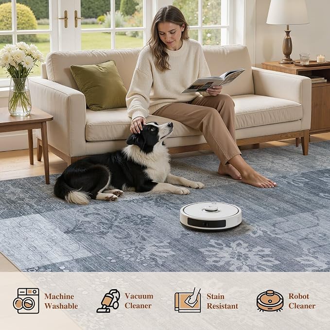 UERMEI 8x10 Area Rug for Living Room - Washable Vintage Carpet, Non-Slip Soft Large Indoor Floor Rugs for Bedroom Home Office & Under Dining Table Decor, Blue Block