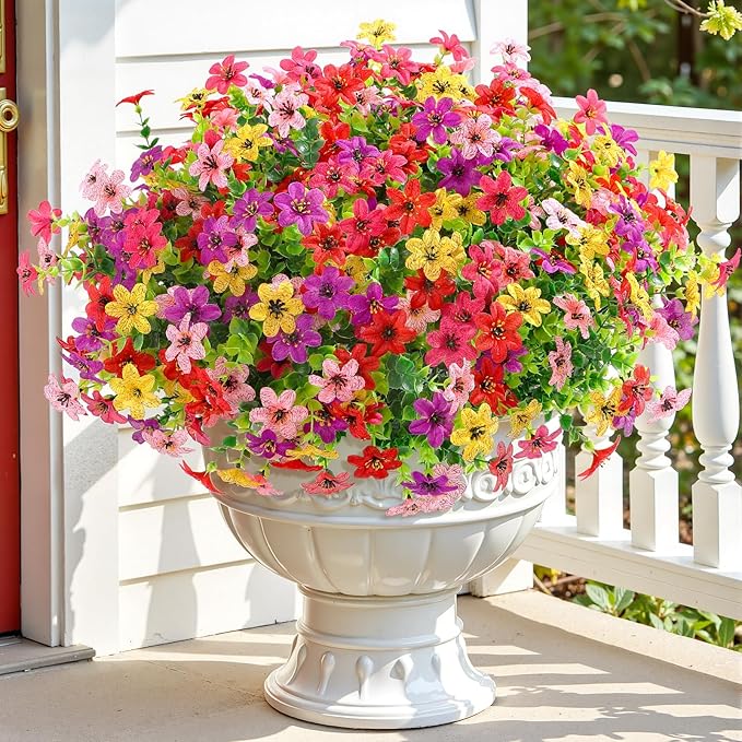 SHareconn 24 Bundles Artificial Flowers for Outdoors Spring Decoration, Fake Silk Realistic Faux Plants UV Resistant for Outside Planter Porch Patio Indoor Decor, RedRosePurpleYellowPink