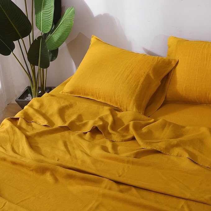Linen World 100% French Natural Linen Pillowcase Set of 2 - Stone Washed,Moisture-Absorbing Queen Size Pillow Shams (20''x30''),Yellow