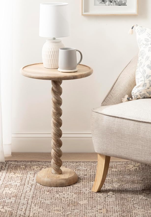 Kate and Laurel Willoughby Modern Wooden Spiraled Round Side Table, 15 x 15 x 24, Light Natural, Accent Pedestal End Table with Turned Base for Use as Indoor Plant Stand or Bedroom Nightstand Option
