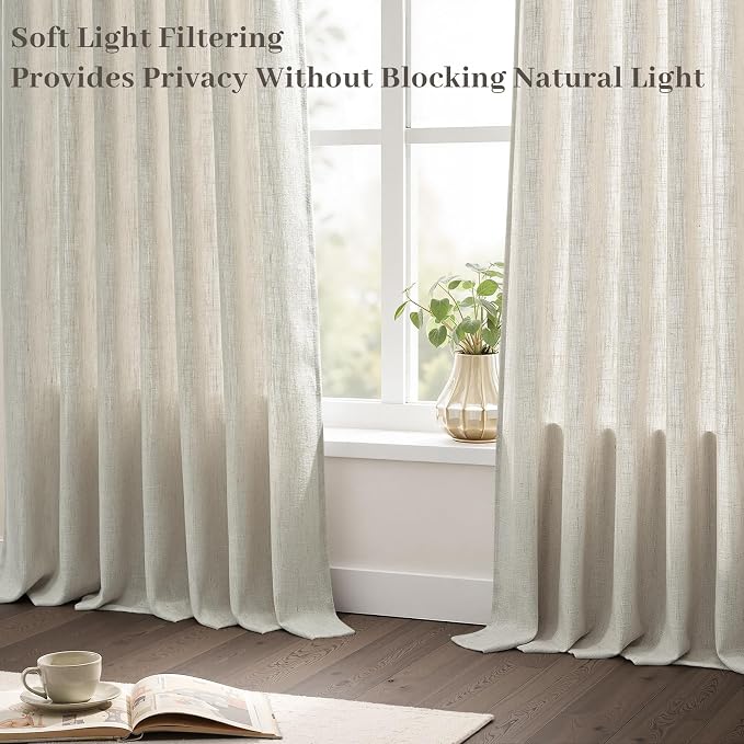 Oatmeal Taupe Linen Sheer Curtains 96 Inches Long for Living Room 2 Panels Back Tab Pinch Pleated Drapes with Hooks Rings Light Filtering Burlap Farmhouse Ceiling Custom Made Memory Trained Curtain