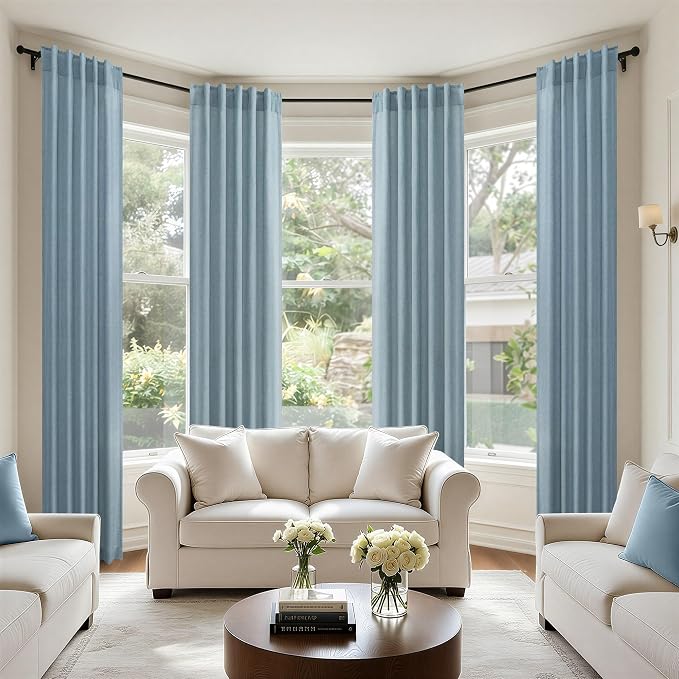 Light Blue Curtains 38 Inch Wide for Living Room 2 Panels Back Tab Pocket Light Reducing Semi Sheer Linen Long Skinny Small Country Blue Curtains for Bedroom Side Windows Grey Blue Width 38x84 Length