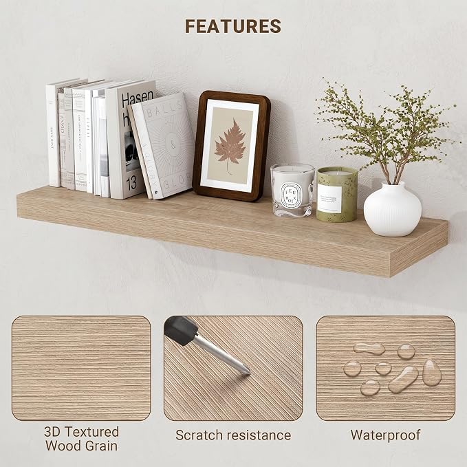 Acovy 72 Inch Floating Shelves, 3D Textured Wood Grain, 72"x9.25"x1.5" Inch Deep Floating Shelves for Wall, Wooden Shelves for Bathroom, Bedroom, Living Room, Vintage White Oak, 1 Piece