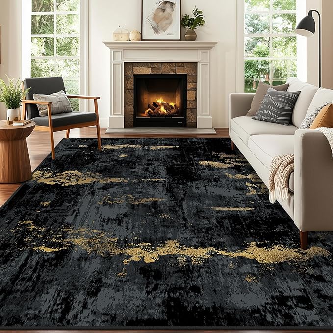 RELEANY Washable Area Rugs 9'x12' Non-Slip Modern Abstract Soft for Living Room Entryway Bedroom Nursery, Print Pattern, Dark Black Gold