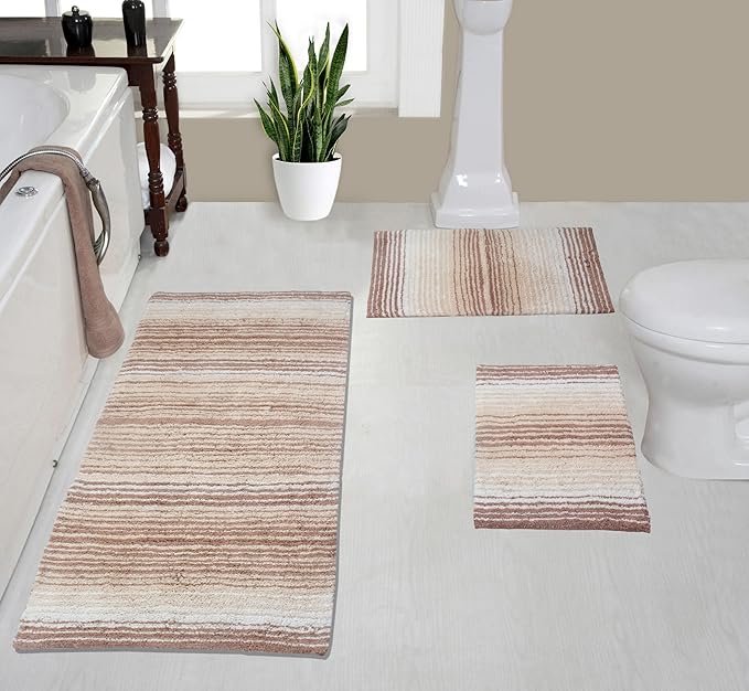 Home Weavers 100% Cotton Gradiation Collection Bathroom Décor | Washable Rug | Bathroom Mat | Kitchen Mat | Bathroom Rug Set | Bath Mat Set | Bath Floor Mat Non Slip, 3 Piece Set with Runner, Beige