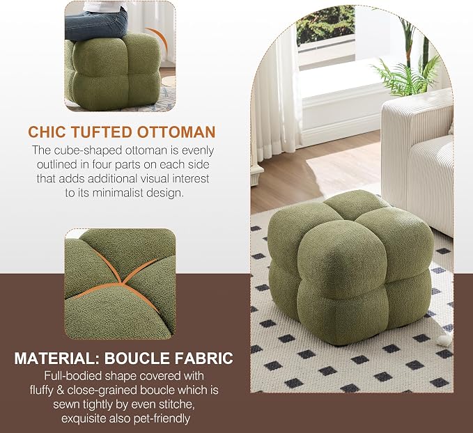 Zesthouse Square Pouf Ottomans Footstool Set of 2, Upholstered Poofy Ottoman for Couch Sofa, Modern Vanity Chair Backless for Living Room, Green Boucle Stool Foot Rest, Fabric Ottoman Coffee Table