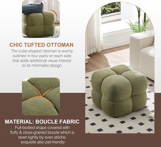 Zesthouse Square Pouf Ottoman Footstool, Modern Backless Vanity Chair for Bedroom, Green Boucle Foot Rest for Couch, Upholstered Tufted Footstool, Poofy Fabric Ottoman Coffee Table for Living Room