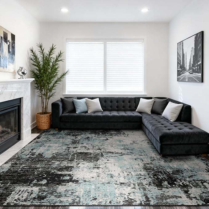 RELEANY Washable Area Rugs 10'x14 Non-Slip Modern Abstract Soft for Living Room Entryway Bedroom Nursery, Print Pattern, Blue Black Teal