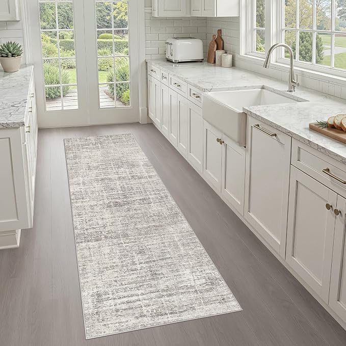 Runner Rug Non-Slip Kitchen Rug: 2x6 Washable Abstract Modern Soft Stain Resistant Indoor Floor Neutral Accent Throw Carpet for Hallway Bathroom Laundry Room Bedroom Entryway- Brown Gray