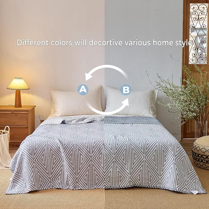 Muslin Blanket,100% Cotton Reversible 4-Layer Geometric Quilt, Soft Throw Blanket for Twin Size Bedspread Sofa Room Decor, Gifts for Women,Men, 60"×80", Blue