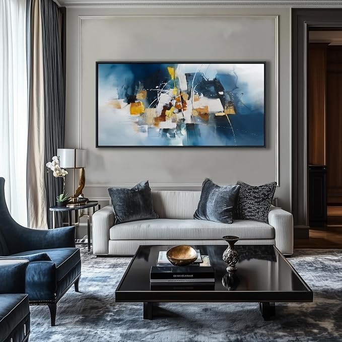 Abstract Canvas Wall Art Navy Blue Wall Art for Living Room Framed Modern Artwork for Walls, Above Bed Wall Decor Navy and Gold for Bedroom and Living Room Office Pictures Wall Decor 24×48IN