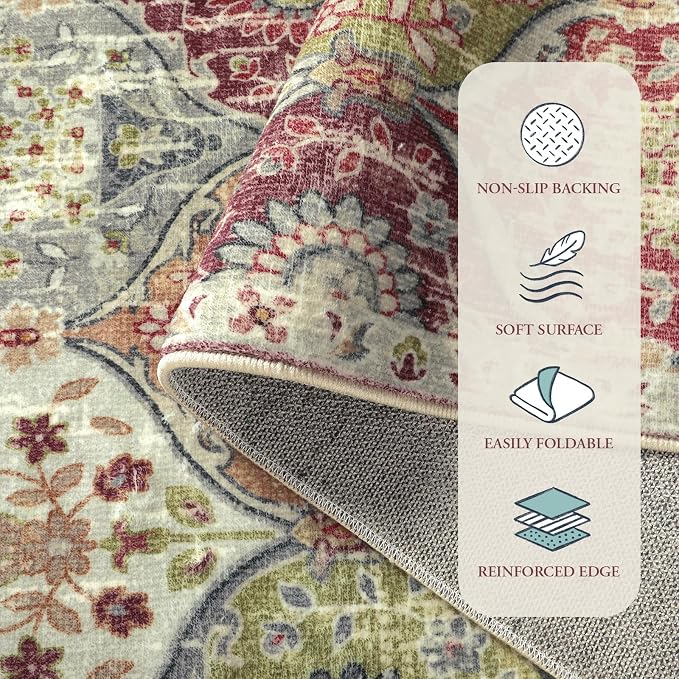 Lahome Moroccan Machine Washable Rugs for Living Room, 4x6 Rug for Bedroom Non-Slip Vintage Trellis Ultra-Thin Throw Carpet for Dining Room Office Nursery Elise, Orange/Terracotta