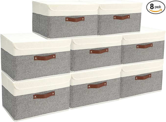 SAMORADREA 8 Pack Storage Bins Foldable Storage Boxes Fabric Storage Box with Lid & Handle Large Washable Organizer Bulk for Office, Home, Books, Clothes, Bedroom, Closet, (15INx10INx10IN White/Grey)