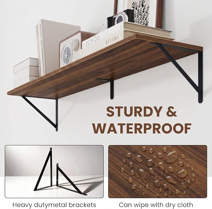 Vivelove 8 Inch Deep Floating Shelves for Wall, 36W x 8D Wood Wall Shelves Set of 2, Walnut Wide Floating Bookshelf for Living Room, Kitchen, Office, Bedroom, with Black Metal Bracke - Walnut
