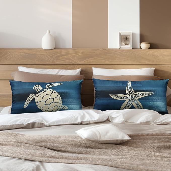 Starfish and Turtle Pillow Covers Sea Ocean Coastal Theme Rectangle Pillow Case 12x20 Beach Nautical Navy Blue Lumbar Throw Pillow Covers for Bedroom Living Room Sofa 2 Pack