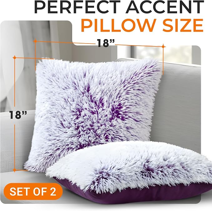 Cheer Collection Throw Pillows for Couch and Bed, Soft Shaggy Throw Pillows with Inserts Included, Cozy Long Hair Faux Fur Pillows - Set of 2-18" x 18" - Purple