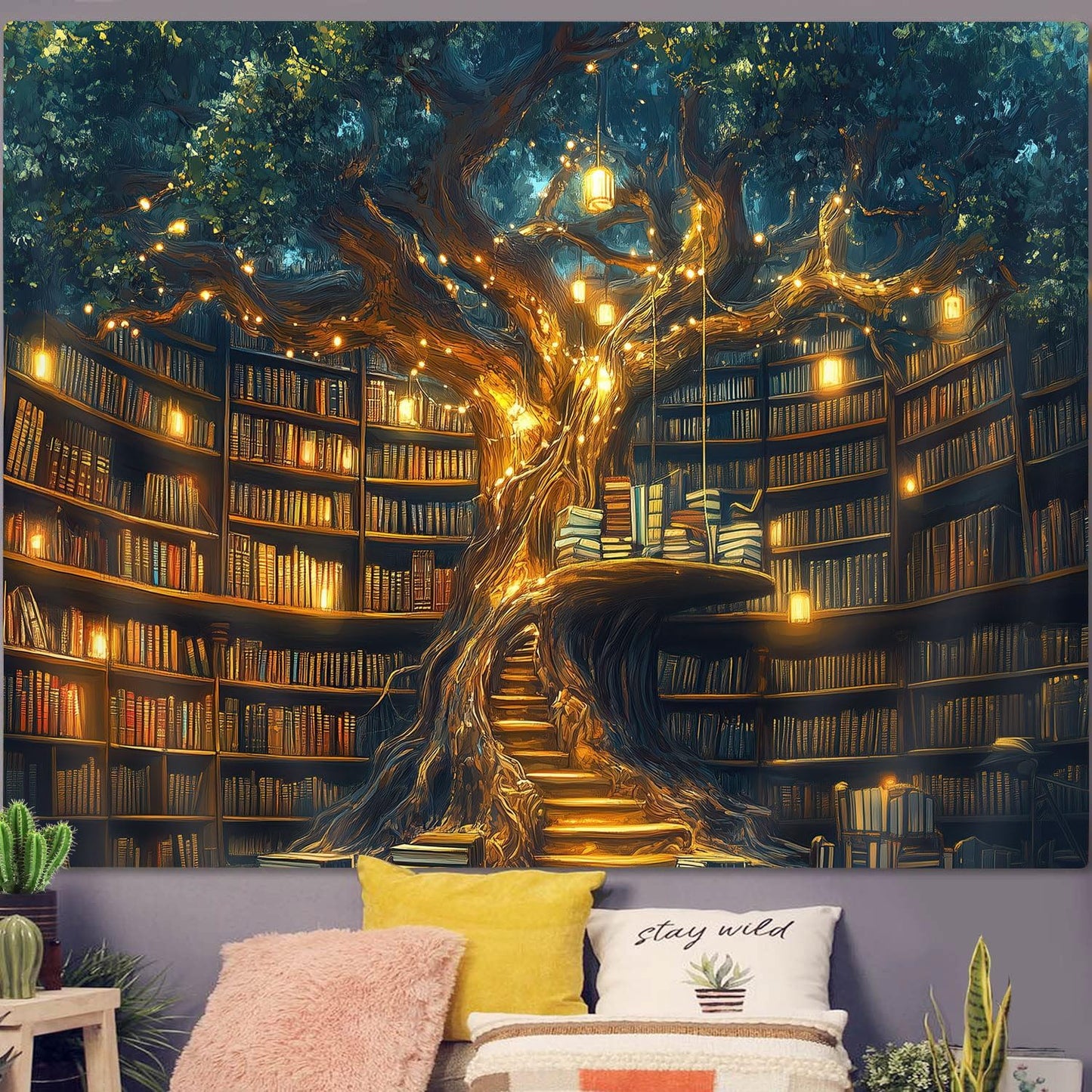 Fantasy Library Tapestry, Fairytale Tree Magic Bookshelf Aesthetic Tapestries for Classroom, Witchy Fairy Tree Mysterious Vintage Bookshelf Book Art Tapestry Wall Hanging College Room Bedroom, 40"X30"