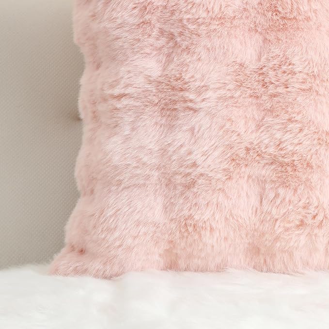 linmopm Super Soft Fluffy Faux Fur Sheepskin Rugs 2x6 ft Sheepskin, White+Faux Rabbit Fur Bubbles Pack of 2 Throw Pillow Covers Pink 18x18 Inch