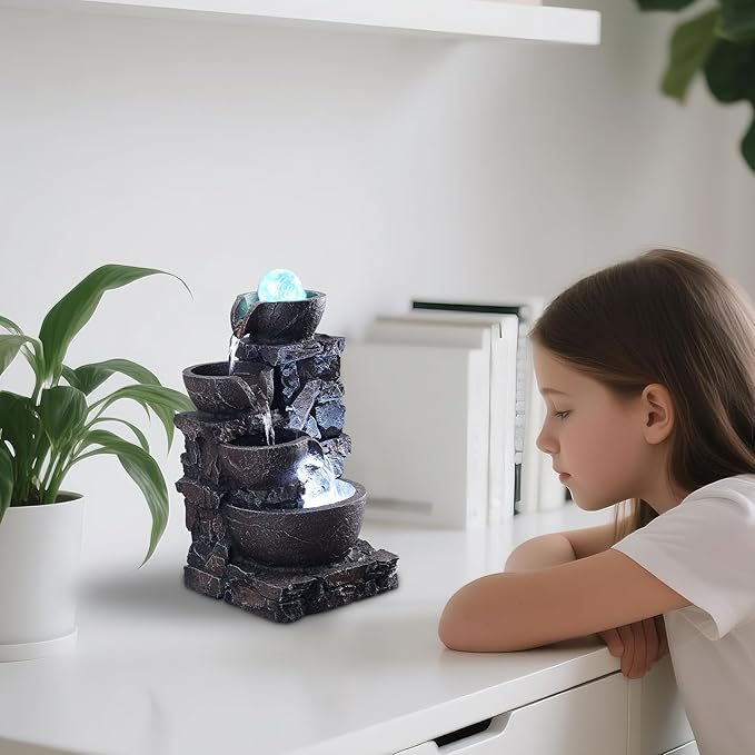 Indoor Tabletop Fountain with 4-Tier Stone Bowls, Rolling Crystal Ball & LED Lights – Tranquil Waterfall Decor for Home, Office or Zen Space (23066)