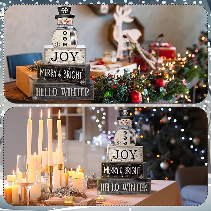 Lineshading 4 Pcs Winter Table Decorations Wooden Snowman Black and White Winter Tiered Tray Decor Christmas Centerpiece Decorations Rustic Wooden Snowman Block Sign Gifts Farmhouse for Home Kitchen