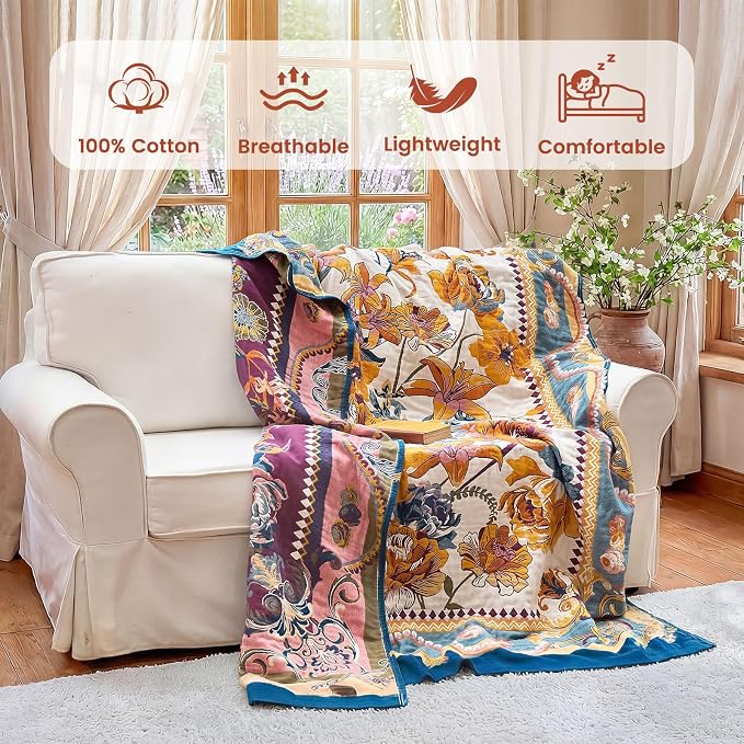 MSGKV Boho Throw Blanket 90"x90" Bed Floral 100% Cotton Blanket Summer Breathable Lightweight Queen Blankets All Seasons Home Decor Muslin