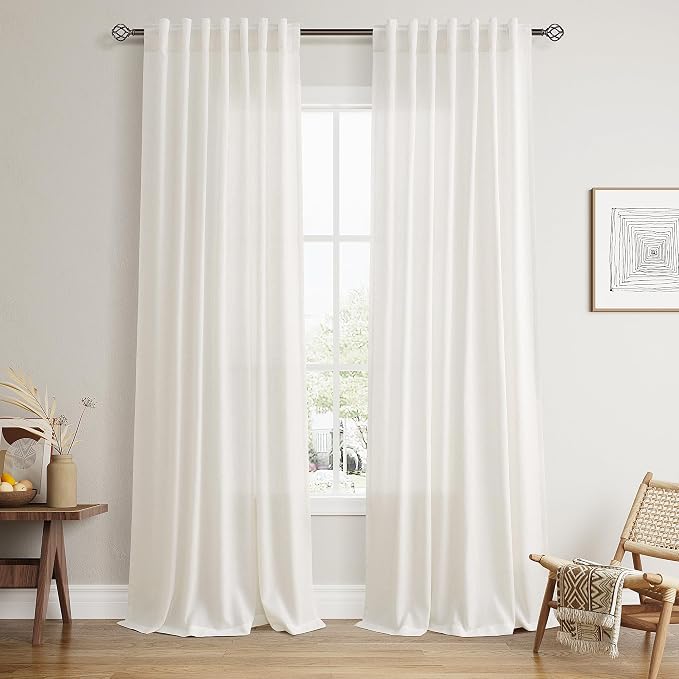 Nanspring Beige White Linen Curtains 50 x 96 inches Long Living Room Back Tab Rod Pocket Semi Sheer Curtain Boho Light Filtering Thick Linen Drapes for Bedroom, Beige White, Set of 2 Panels