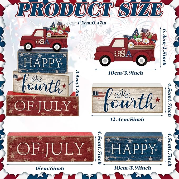 CroBlissful 4 Pcs 4th of July Decorations Patriotic Memorial Day Tabletop Decoration Wooden Star Block Signs Red White Blue Centerpieces 250th Anniversary for Office Tiered Tray Home Shelf