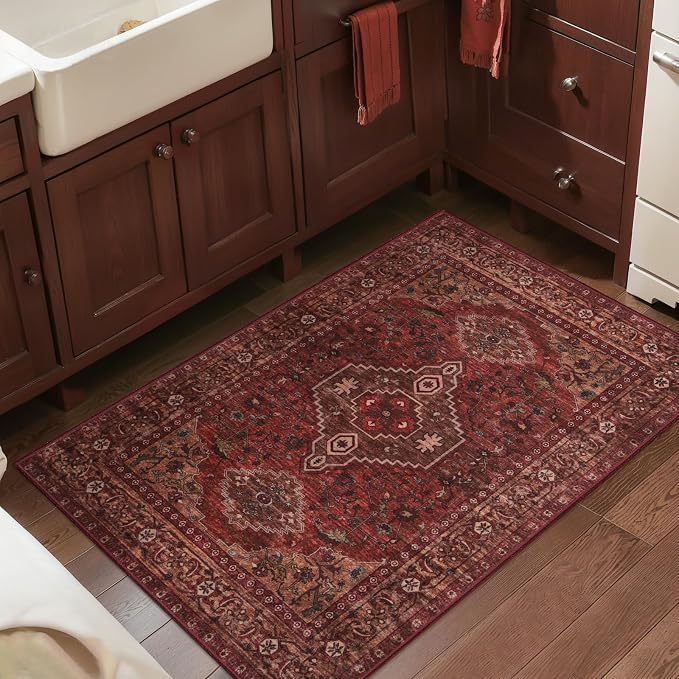 Tangsoo Red 2x3 Washable Entryway Rugs Oriental Vintage Non Slip Small Area Rug, Boho Indoor Front Door Rug, Door Mat Indoor Entrance Soft Low Pile Throw Rugs for Entry Kitchen Living Room Dark Red