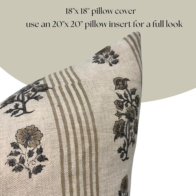 Linen Blue Throw Pillow Covers 18x18 inch Beige Stripe Floral Pillows Spring Decorative Pillow Covers for Living Room Bedroom