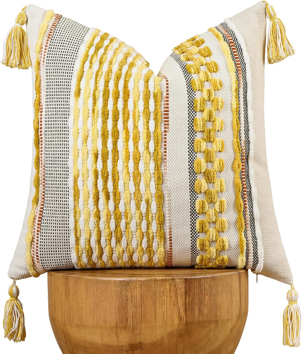 AmHoo Chenille Striped Textured Boho Throw Pillow Covers Aesthetic with Tassels Woven Decorative Pillow Case for Couch Bed Sofa Bedroom Modern Funky 18 x 18-Inch Yellow